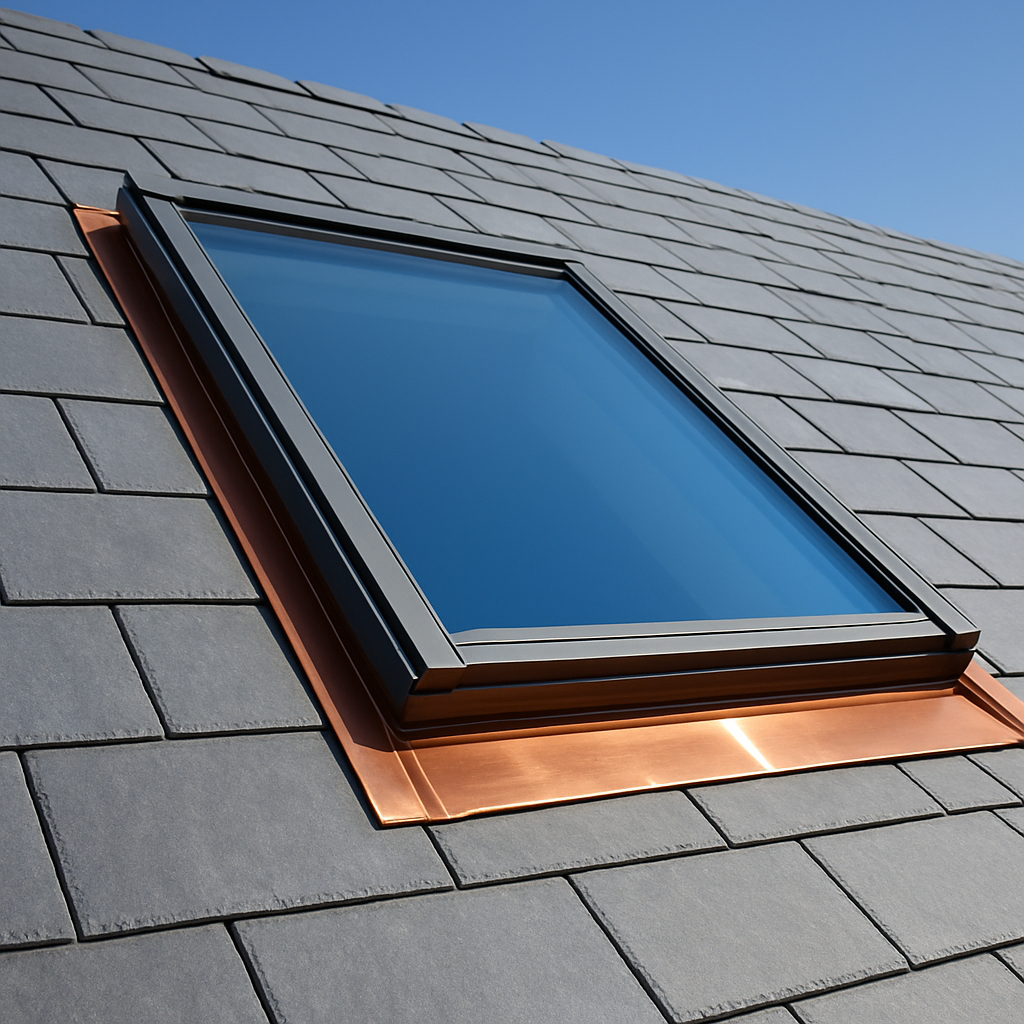 Leak-proof skylight installed in a slate roof with copper flashing