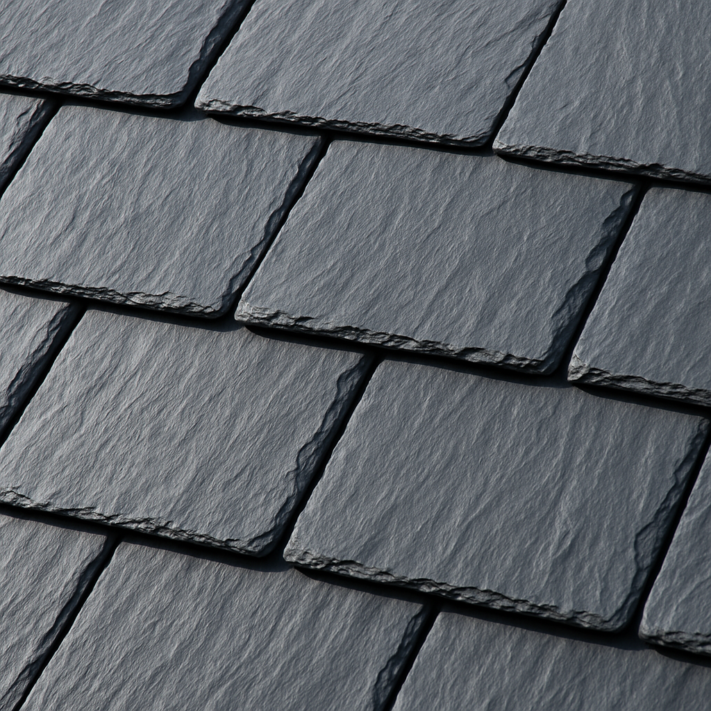 Close-up of premium natural slate roof tiles in clean aligned rows
